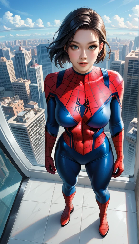 1girl in,American comic cosplay girl、Her body suit rips and her breasts are exposed, leading to a crisis..,Super Cute,Embarrassed and crying expression.,red blush,Teary-eyed,Short hair that shows your forehead,Accurately drawn face,Slender but big breasts,a navel,tre anatomically correct,perfectly proportions,Precise fingers,erectile nipple,Sweaty skin,I'm on my butt and I'm scared,Spider-Man cosplay bodysuit torn and breasts exposed,highleg,Bodysuit that digs into the crotch,long boots,Erotic,in a skyscraper at night,masterpiece,hiquality,Bewitching,