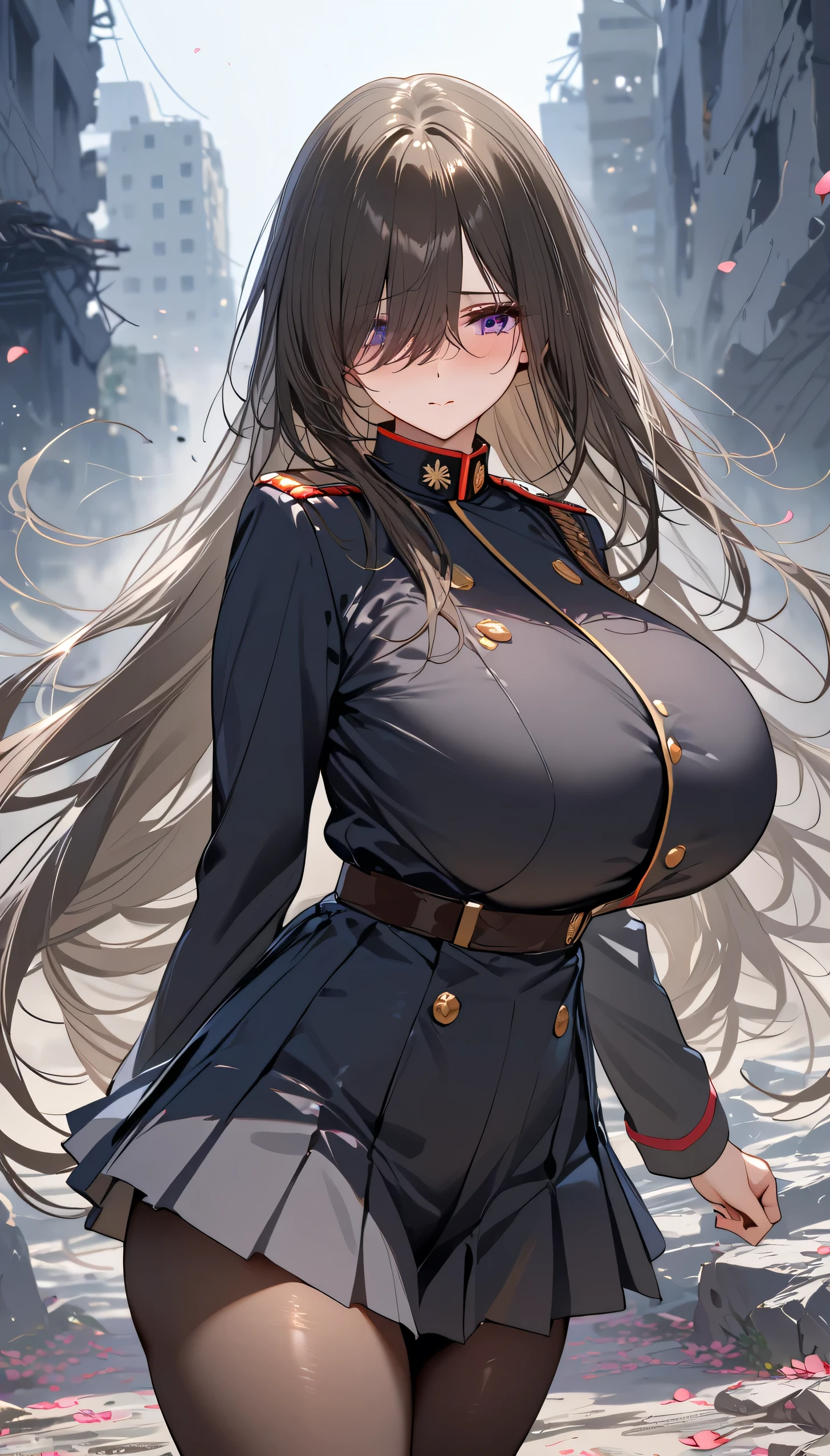 oppairest, breast on box, Fine lines, aging, older mature, fat , deep burgundy eyes odd eyes , clear black hair, long hair , hime cut, , diagonal bangs, , , , gigantic tit , skindentation, Trench Coat , multicolored marching band uniform  pantyhose knee high boots