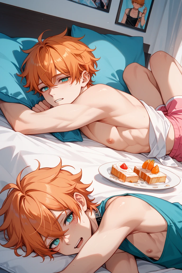 from below looking up、masterpiece、top-quality、超A high resolution、High detailed portrait、(photographrealistic:1.4)、(((1boy)))、man、(((Red strawberry print panties:1.3)))、(((Emphasize the rise in the crotch area:0.5)))、embarrassed from、Shy laughter、Panties even though I'm a man、