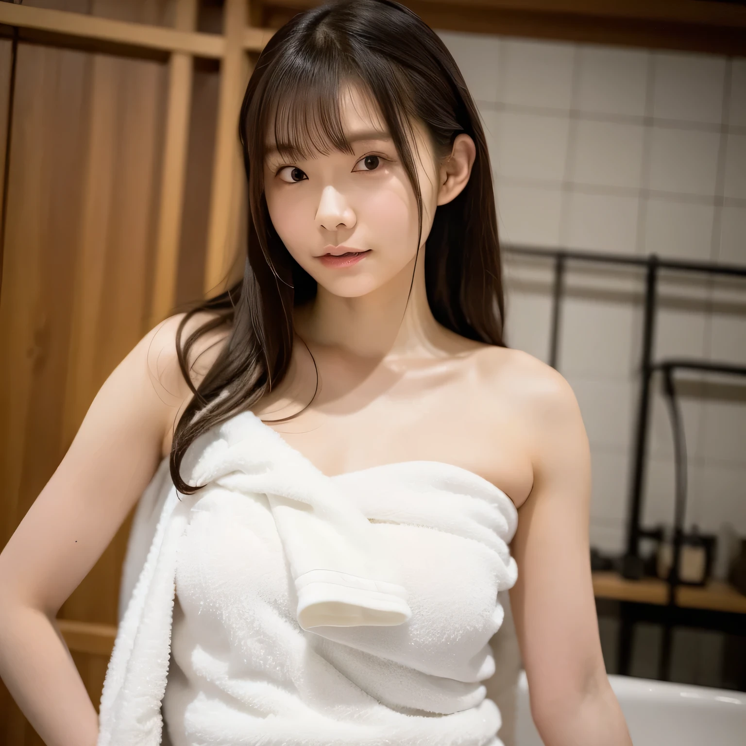Highest quality, (beautiful)、Wrap the body in a towel、Close-up、Larger breasts、Brown Hair、looking at the camera、Indoor bath、Embarrassed、Standing posture、
