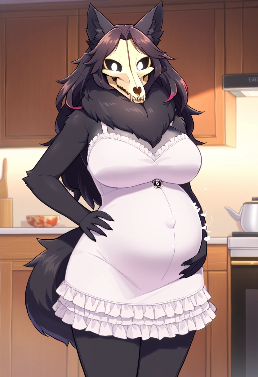 Anthro, femenine body, , breasts, femenine face, black furry hair, (black furry body), SCP-1471, (mal0 SCP skullwolf)), (hooker pose), ((bondage harness), thighs, looking at viewer, standing pose, (touching on breast with one hand), (bitchy posture), head turned to side, solo, black fur, (nude), lineart, ((vore)), (vore belly with a large person inside of the stomach struggling), stomach making gurgling sounds, burping, character concept