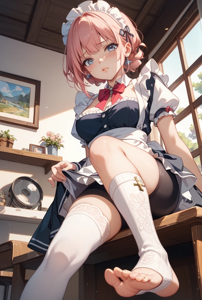 8K, A masterpiece of softcore pornography shot by Kishin Shinoyama, Bast quality,big, RAW Photos, (Ultra-thin contour lines), (1 Girl), Kana Arima, Arima Kana, Red eyes, Star-shaped highlight eye, dark red-purple hair, Short Hair, Professional Lighting, (Shiny skin: 1.2), shiny big, ((Highest quality)), Sharp focus: 1.2, Highly detailed face and skin texture, Fine grain, Perfect Face, Perfect body, Blur Art, CG, background, milk, in front (18-year-old, Cool and beautiful girl face), wear ((Frill dress)), Red gloves, thigh), blush, (Porn Cosplayer), (Camel Toe, White panties), Gravure idol style table, She rolled up her skirt to avoid the heat、I sat on the desk with my knees raised.。., My favorite girl, Browsing Caution, 