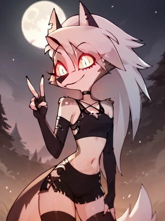 midnight lycanroc, red eyes, by jay naylor, by hyattlen, by braeburned, wearing black shorts, black fishnet leggings, ear piercings, lip piercings, black tank top, thick thighs, outdoors, at a concert, nighttime, vibrant lights in the background,
