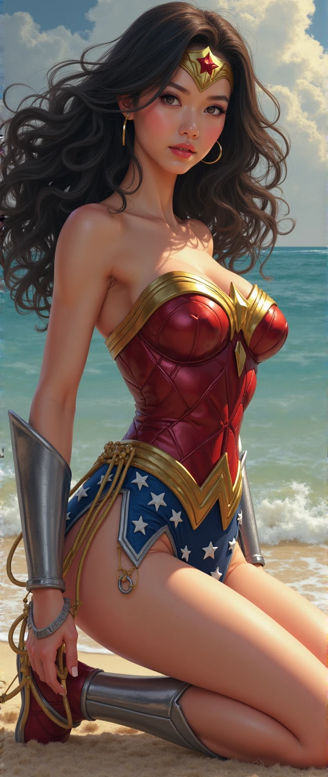 Sexy figure,(masterpiece), best quality, (extremely detailed),(watercolor), illustration, (hero view),(1girl:1.4), (arms squeezing breast, big breast), (large breasts:1.2), (underboob:1.2), A Wonder Woman, (intricate detail, makeups), (detailed beautiful delicate face, fine beautiful delicate eyes, a face of perfect proportion), (Glossy skin: 1.0), fine detailed skin, strong and realistic blue eyes, realistic black hair, lip, makeups, Natural skin texture, tiara, red and gold bustier, blue leotard with white stars, silver bracelets, (Red knee high boots:1.2), golden belt, (Wonder Woman clothing:1.0), bare shoulder, ((light tan skin: 1.4)), mature, Sexy, elastic muscles, (muscular: 1.2), ((strong and healthy body)), (((the more) muscular))), cleavage, Long leg, curved, rib, thin-waist, soft waist, (fine detailed skin), (beautiful and sexy woman), (swollen lips: 0.9), (eyelashes: 1.2), very delicate muscles, perfect body figure, perfect anatomy , perfect details, perfect fingers, perfect limbs, thigh gaps, (perfect hand: 1), beautiful eyes, (disheveled hair ), photography, by loish, art by loish, watercolour, professional, bokeh,