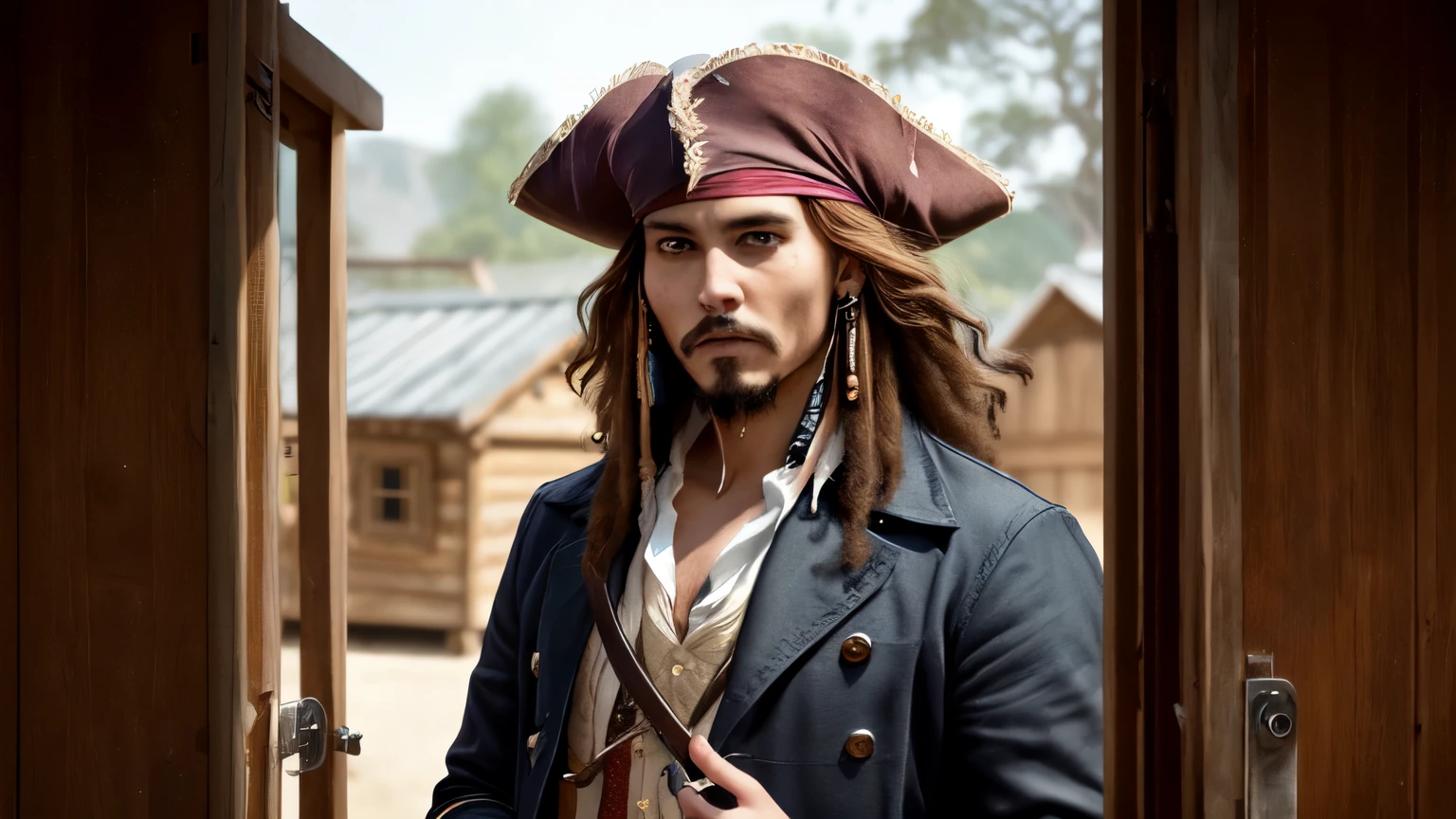 an awarded profesional photography of 1 person Intriguing human (1 person), (male:1.2), Immature face, detailed eyes and faces, slender body, Perfect Grooming , exudes confidence and refinement, White porcelain skin, strawberry blonde split eyes, Afro Jack Sparrow's beard, round eye shape, happy expression like a summoner standing in a chicken coop with things , ultra-detailed characters with perfect faces,detailed skin,(Ultra Sharp:1.3),(masterpiece:1.1),top-quality AS-YoungV2,(photorealistic:1.2),super real,realistic ultra-detailed characters,4K perfect image quality,Spectacular, invisible details,exquisitely designed, full shot