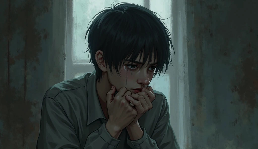 Black haired boy sitting crying in a dark room 