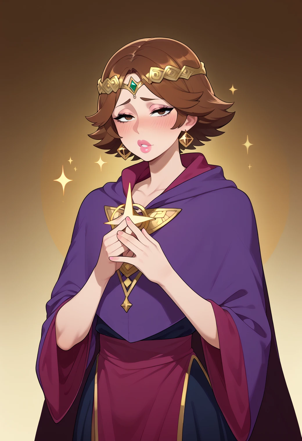 solo, shy, wizard, half lidded eyes, brown hair, short hair, bimbo, femboy, circlet