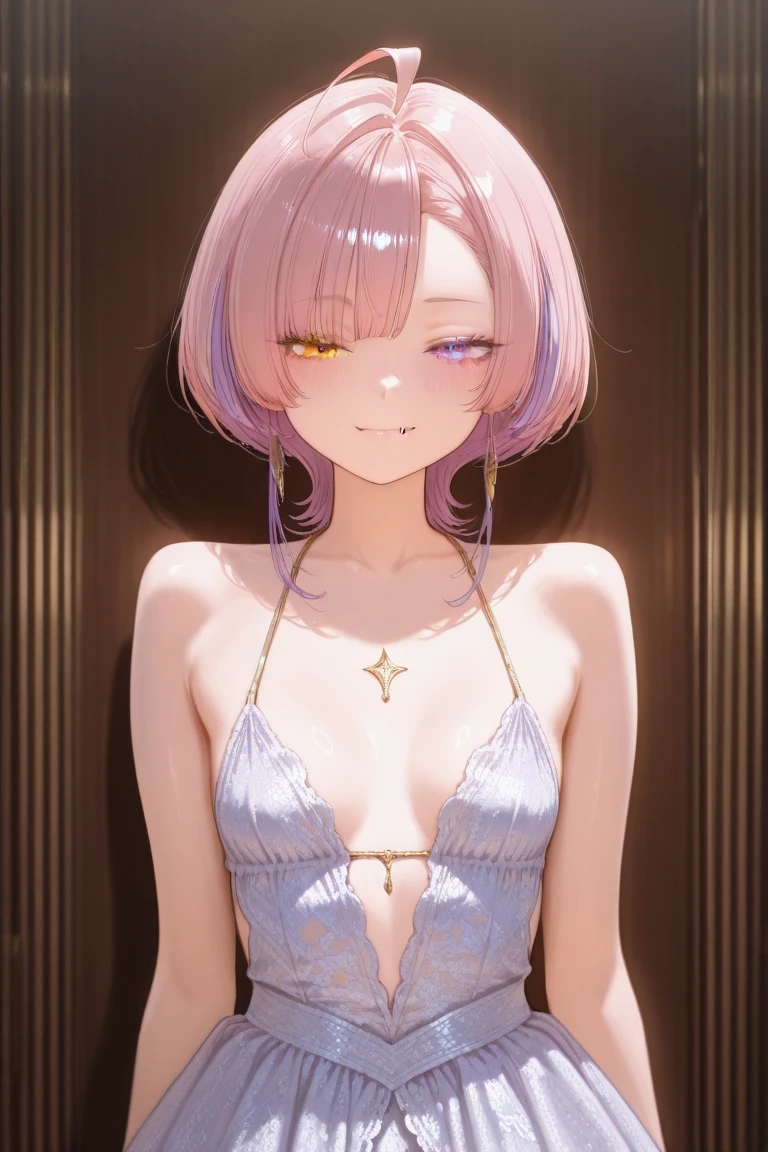 (Masterpiece, BestQuality:1.3), (ultra detailed:1.2), (hyperrealistic:1.3), (RAW photo:1.2), High detail RAW color photo, professional photograph, (Photorealistic:1.4), (realistic:1.4), professional lighting, perfect anatomy, (Big Breasts:1.2), (blush, detailed face), (cheerful Smile:1.5), (Pink Hair:1.5), Trending Hair&Trending Hairカラーをランダムに, earrings, necklace, bracelet, sexly, erotic sexly, Random sexy gravure poses, (A stunning beauty in a long gold dress。The background is a luxurious ballroom。Looking at the camera with a seductive smile。Wearing a diamond tiara、A pose with a large arched back。: 1.3)