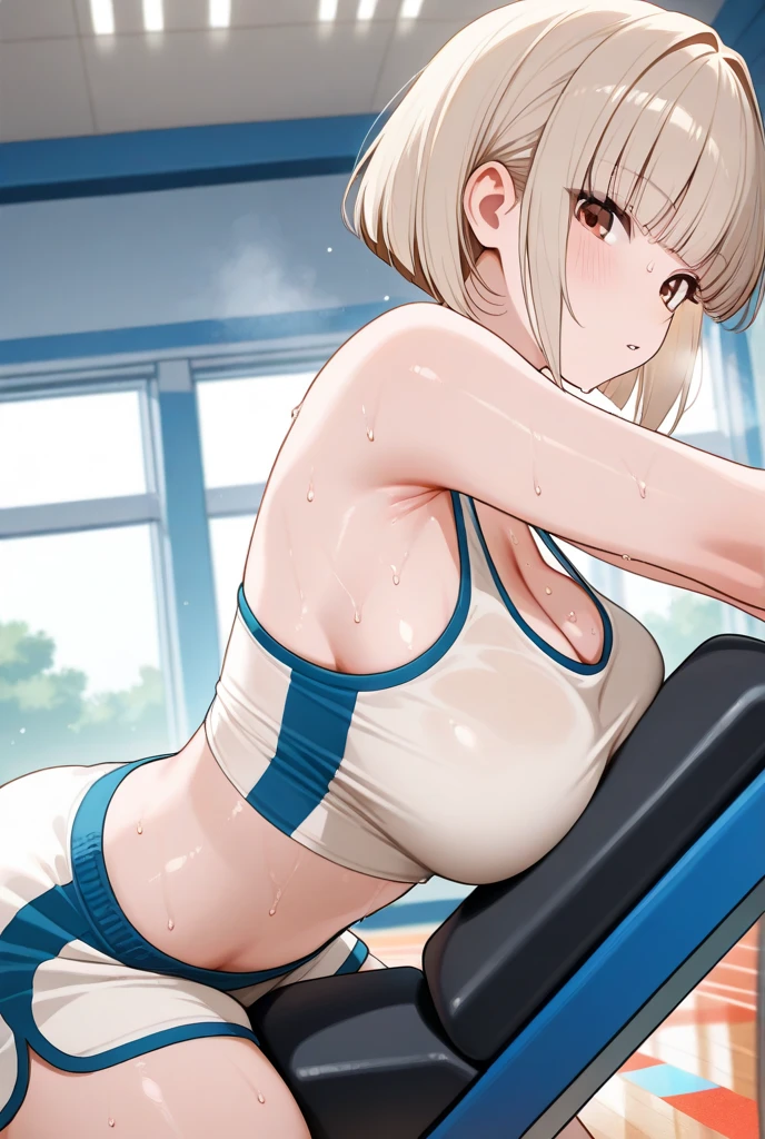 (masterpiece, best quality:1.2),1girl, (solo), Android 18 from Dragon Ball, ((no bra)), no top, medium breasts, blunt bangs, blonde short hair, black eyes, earrings on earlobes, slim, slender feminine figure, skinny body, blush, magnificent view, blur background, 8K, collarbone, sky, sunny, thigh gap, full body, smile, sweat, open mouth, arms up, gym, dancing, knee up, (black string panties), nipple,