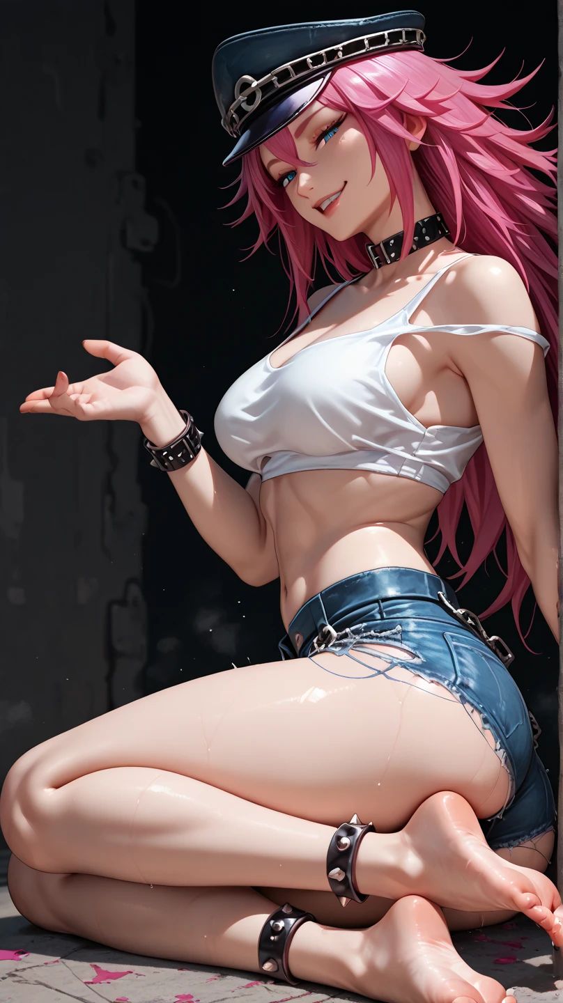 ((medium chest, adult woman with large breasts, small head), (cut abs: 1.1), (blonde, wavy long hair: 1.2, bangs patsun), reddish brown, collar, chain, full body, (highly detailed CG 8K wallpaper), (very delicate and beautiful), (highest quality: 1.0), (super high definition: 1.0), realistic shadows, [high resolution], detailed skins, super detailed (( Colorful)), (midnight, park, public toilet), sweating, crying, crying, tearing, leaning forward and sticking out your buttocks, legs open, black bra, black mini tight skirt, white panties, garter belt, fishnet stockings, bare feet, toilet and graffiti on the body, wide open mouth
