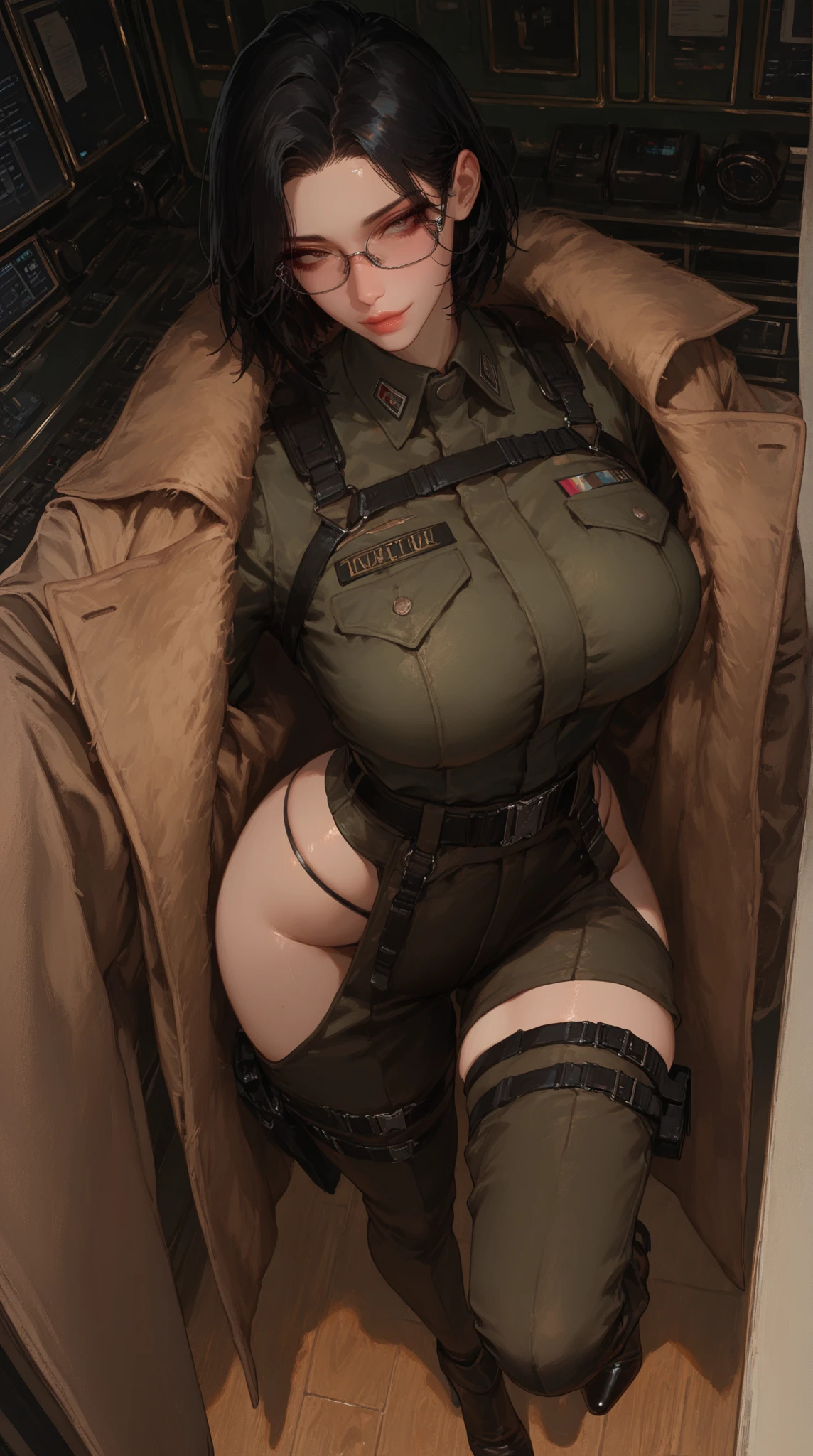 1 woman,muscular arms, Ultra HD, retina, obra de arte, Anatomicamente Correto, pele texturizada, detalhes altos, premiado, Melhor qualidade, 8k, alto,(jacket, holster, gun holster, bondage gear, choker, headband, pantyhose, harness ), shaved pussy, large perfect breasts, wide hips, thick thighs, 
