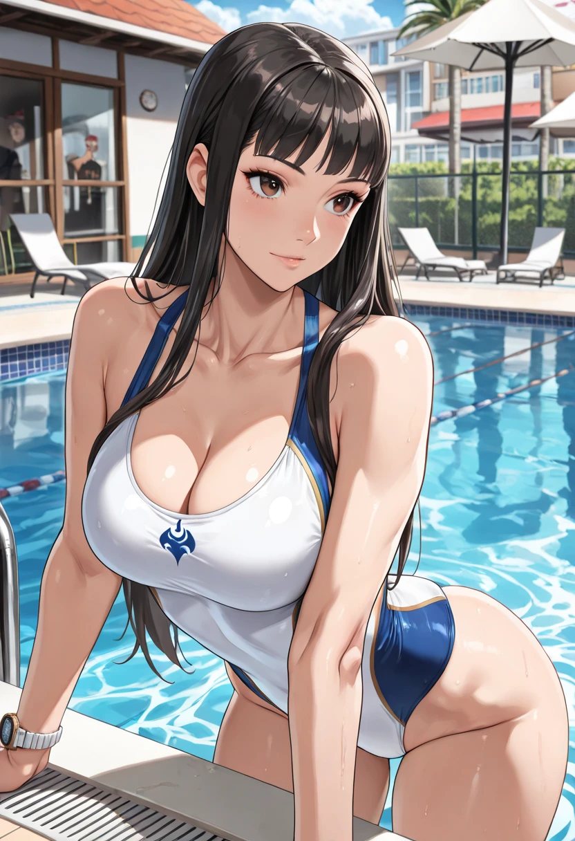 (highest quality, masterpiece:), ultra-high resolution, two women in swimsuit standing side by side, night, in the pub, Japanese model, young and beautiful gravure idol, squatting, spread legs:1.3, tight, wearing an orange color beautiful swimsuit, high leg, gigantic breasts, puffy nipple:1.4, bangs, wavy long hair, ponytail, earrings, beauty, victory smile, mature woman, please face forward and look at the camera,