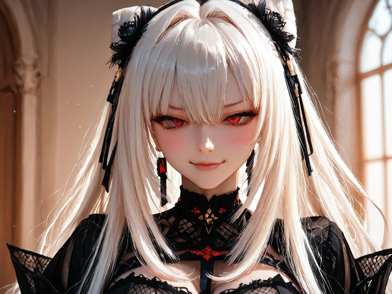 High quality, HD, details, long white hair, sharp bright red eyes color, female vampire, vampire girl, one person, single person,