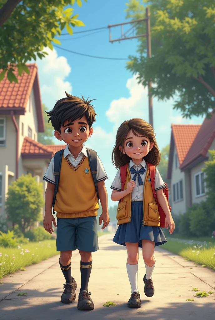 Disney boy and girl in school uniforms with backpacks and may the girl&#39;s uniforms be happy ( Yellow wool bust and navy blue pleated skirt , Navy blue tights and black school shoes ) and of the child ( Navy blue cloth pants and yellow sweatshirt )
