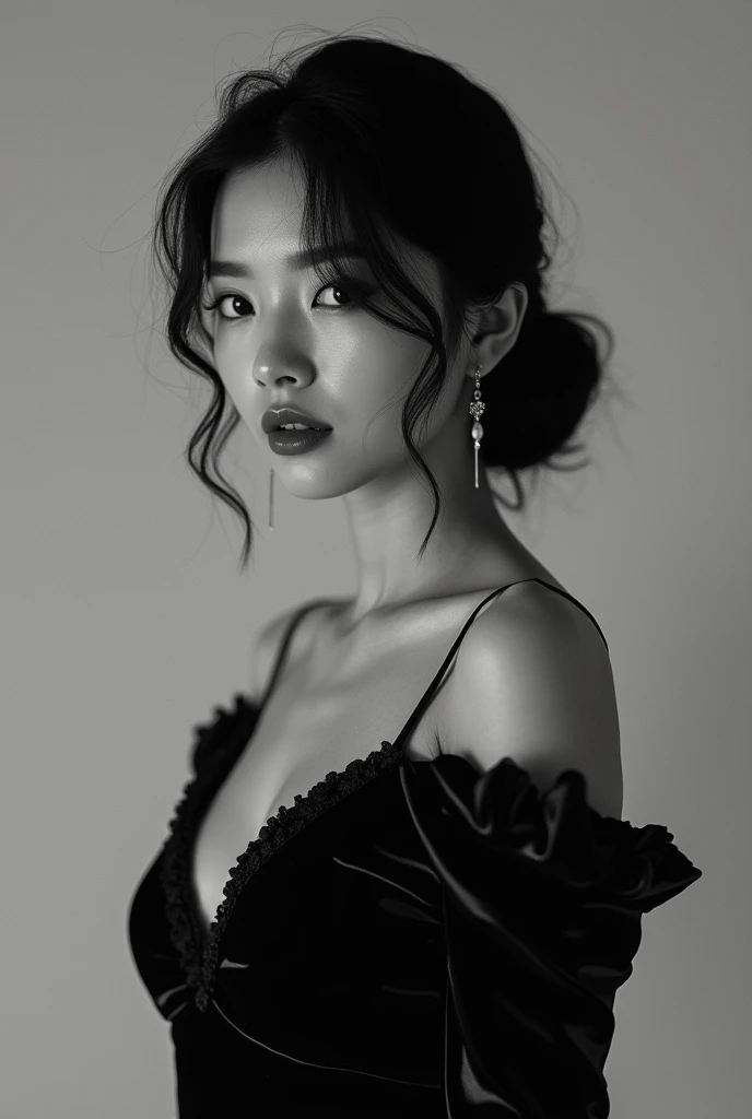 Mesmerizing portrait of a young girl with sharp facial features, dressed in black sexy,sheer off shoulder dress, shot in a studio with dramatic lighting, alluding to the work of Irving Penn, on Nikon D850 camera with Nikon AF-S NIKKOR 85mm f lens/1.4G, blackandwhite, with high contrast, hyperrealism, high detail and high resolution 16k --ar 16:9 --q 2.