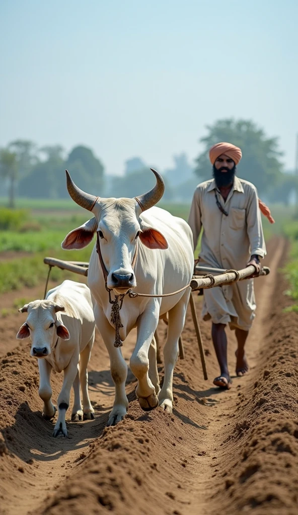 "A detailed scene of a traditional Indian farmer plowing a field with a pair of oxen. The farmer is wearing a simple white dhoti and turban, guiding the wooden plow behind the oxen. The oxen are yoked together, with sturdy bodies and horns, pulling the plow through a field. In the background, there's a stone boundary wall and other farmers working in a similar manner. The scene is set during the day, with a warm, earthy color palette. Text in Hindi, 'एक किसान की कहानी', is written at the bottom, with an English subtitle 'A Life Changing Story'."