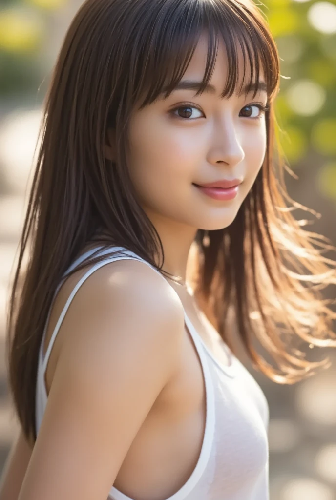 best quality, 1girl, (skindentation), large breast,day,  bright, blur background, outdoor, (street:0.6), people, crowds, (short hair:1.5), blouse, gorgeous, floating hair, (dynamic pose:0.6), soft lighting, wind, detailed sky,   <lora:javMomo_v13:0.65>