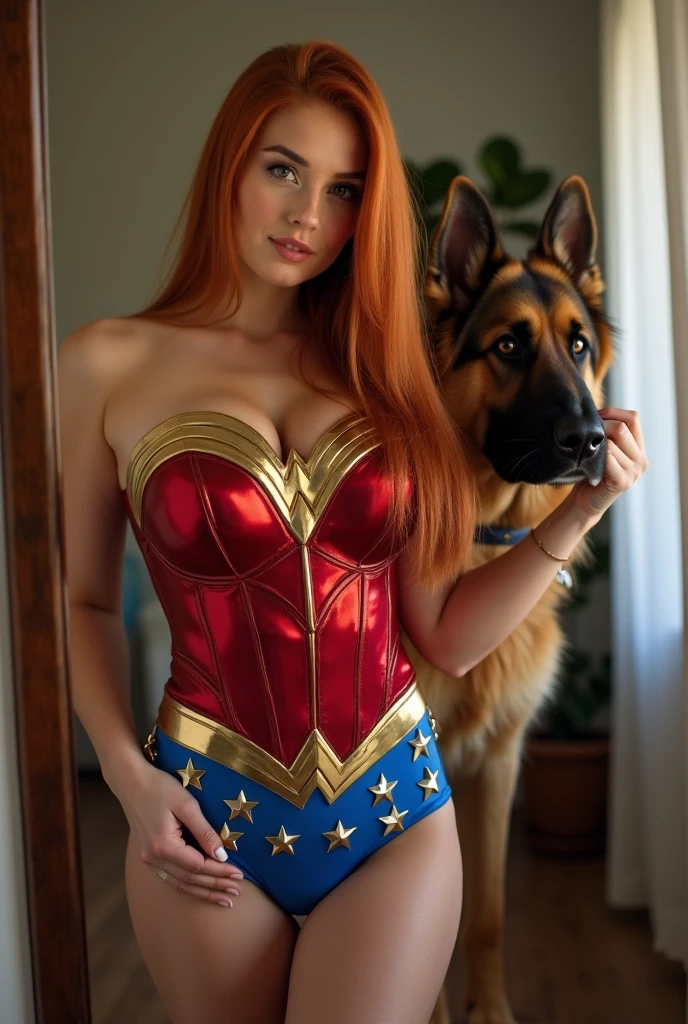 Wonder woman in bunny outfit showing armpits in bed cat ears choker seductive pose red hair big breast