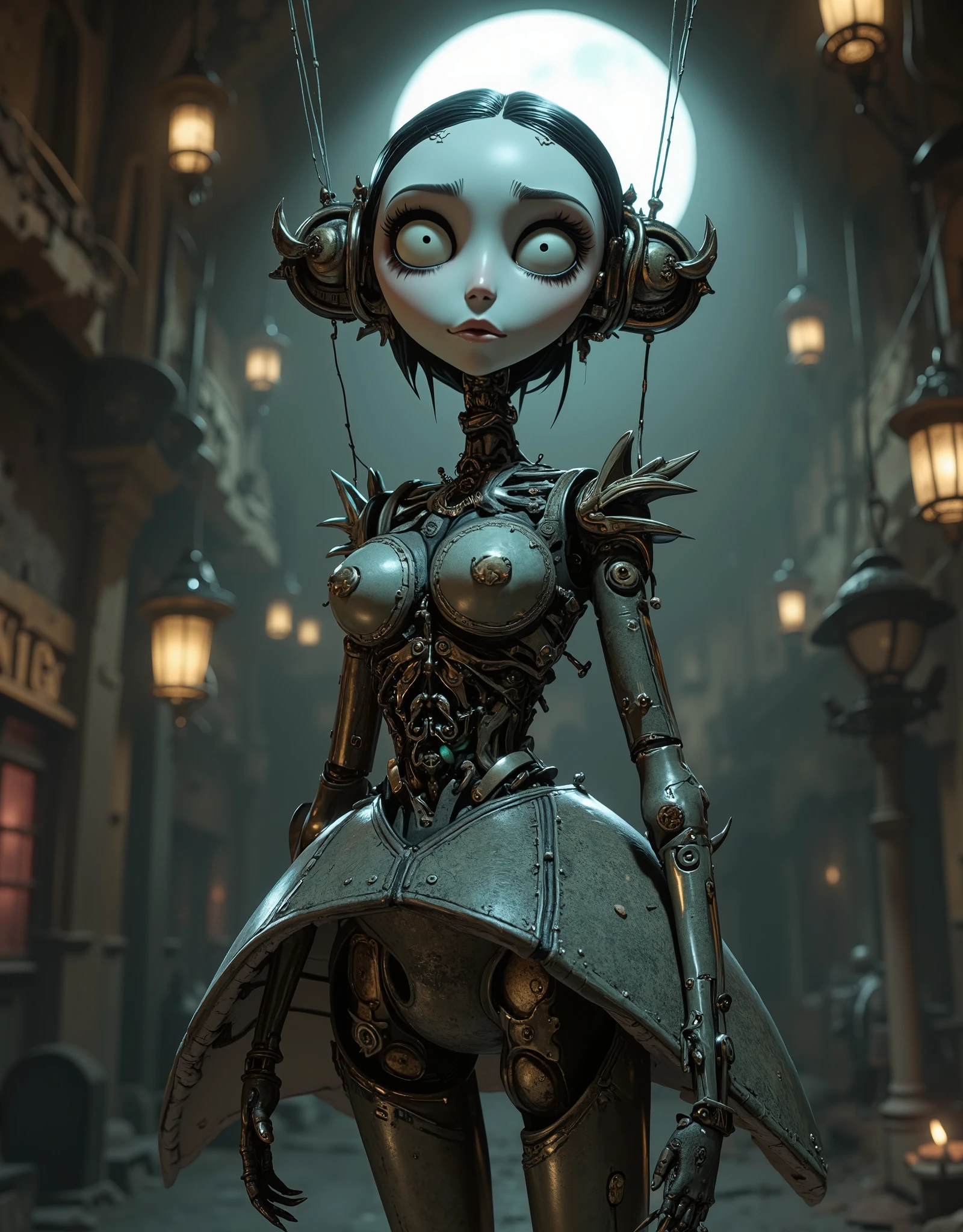 A cybernetic female puppet figure, in the style of Tim Burton, frozen in a dynamic suspended motion in the air. Thin silvery strings running vertically upwards are attached to the hands, feet and joints of the puppet. A studio shot that highlights the anatomical structure of a mechanical humanoid puppet. The detailed mechanical components visible all over the body are made in dark grey and bronze tones. Futuristic ballet skirt, silver and gold metallic, intricate mechanical details. Mechanical limbs with sharp joints, clawed hands, exposed joints and shiny metal plates. The figure exudes a sense of controlled movement, as if it is about to begin some kind of action. The background is a hazy, surreal circus or workshop with hanging thread-wires. Moonlight, shadows in the spirit of the "Nightmare before Christmas".The emphasis is on intricate design and details, high contrast. Slight distortion of proportions, a touch of vintage and eerie charm. The perspective is shown from below and slightly from the side, creating a feeling of suspension and weightlessness. Neutral, almost clinical, facial expression, pale skin. Dark color palette (black, dark purple, copper shades) with contrasting accents (bright green, turquoise).The atmosphere is Gothic, but with elements of mechanics, cyberpunk and steampunk. A high degree of stylization, but also including elements of digital painting. Cyberpunk, science fiction, mechanics, anime. Tim Burton's style.