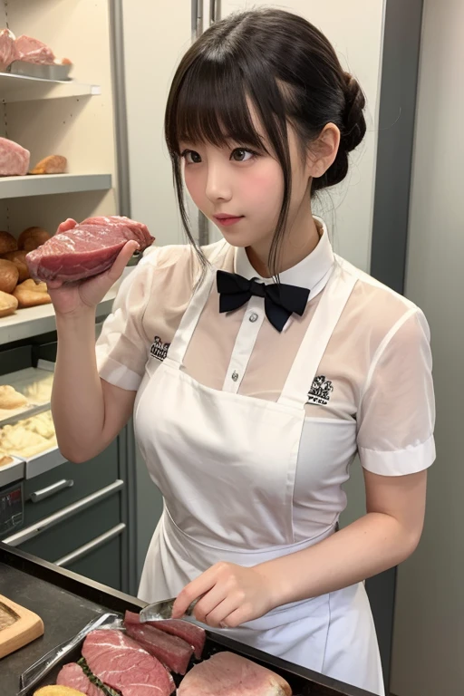 ((Highest quality, 8k, Representative works in detail, Ultra-high resolution)), (Looking at the audience), (Full body portrait), Attractive woman, ((Big Breasts)),  smile, ((Black choker)), Slim figure, (blue eyes), Long eyelashes, bangs, Beautiful shiny brown hair, Nogizaka Idol, Slim face、((Ivory white blouse、mini skirt)), Meat department、Millionaire's daughter、noble、Straight Hair、((Beef on a tray、Raw meat、Red lipstick))