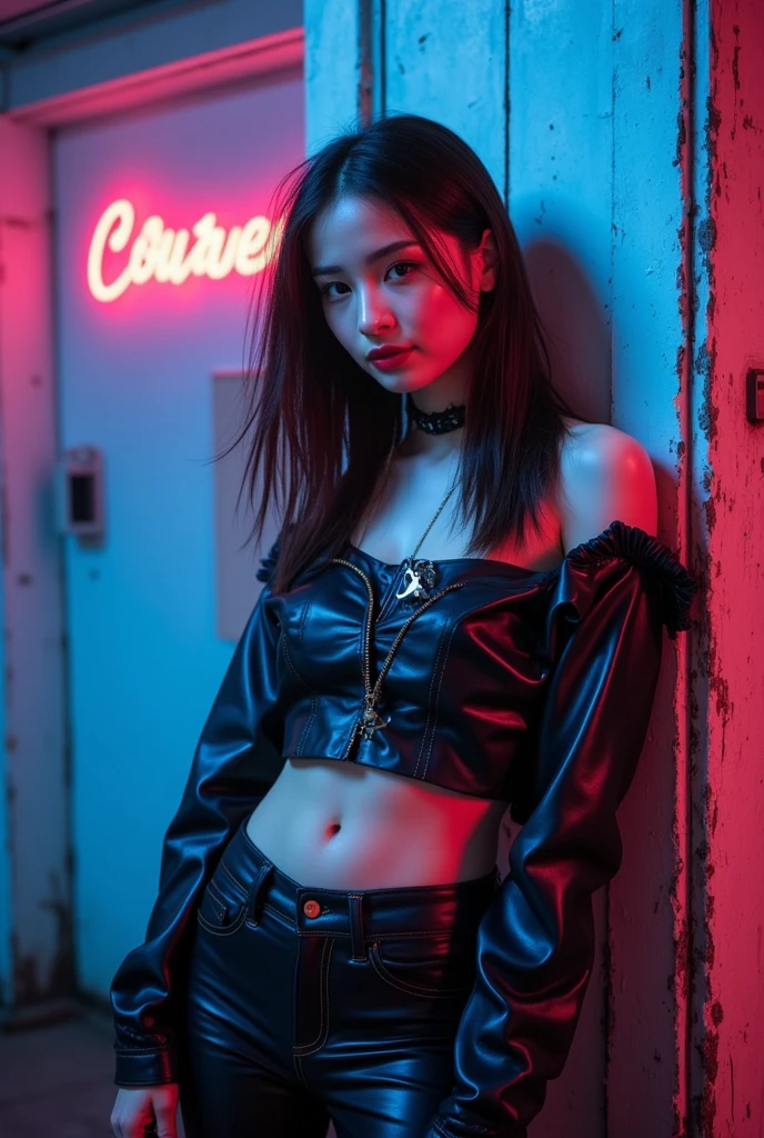 The character costume is KPOP, Hallyu, K-pop anime art style, Hallyu frontline style, Hallyu art style, kpop style, official artwork, Chibi art, Pisif, Blackpink style, cute.     KPOP artwork in various poses, The popularity of Pisif art station, 16 year old chibi, No watermark, Extra close-fitting mini skirt, open jacket, extra short clear top Strapless, cleavage, style clothing cyberpunk, smallest short short, wide angle, short top, very short, 