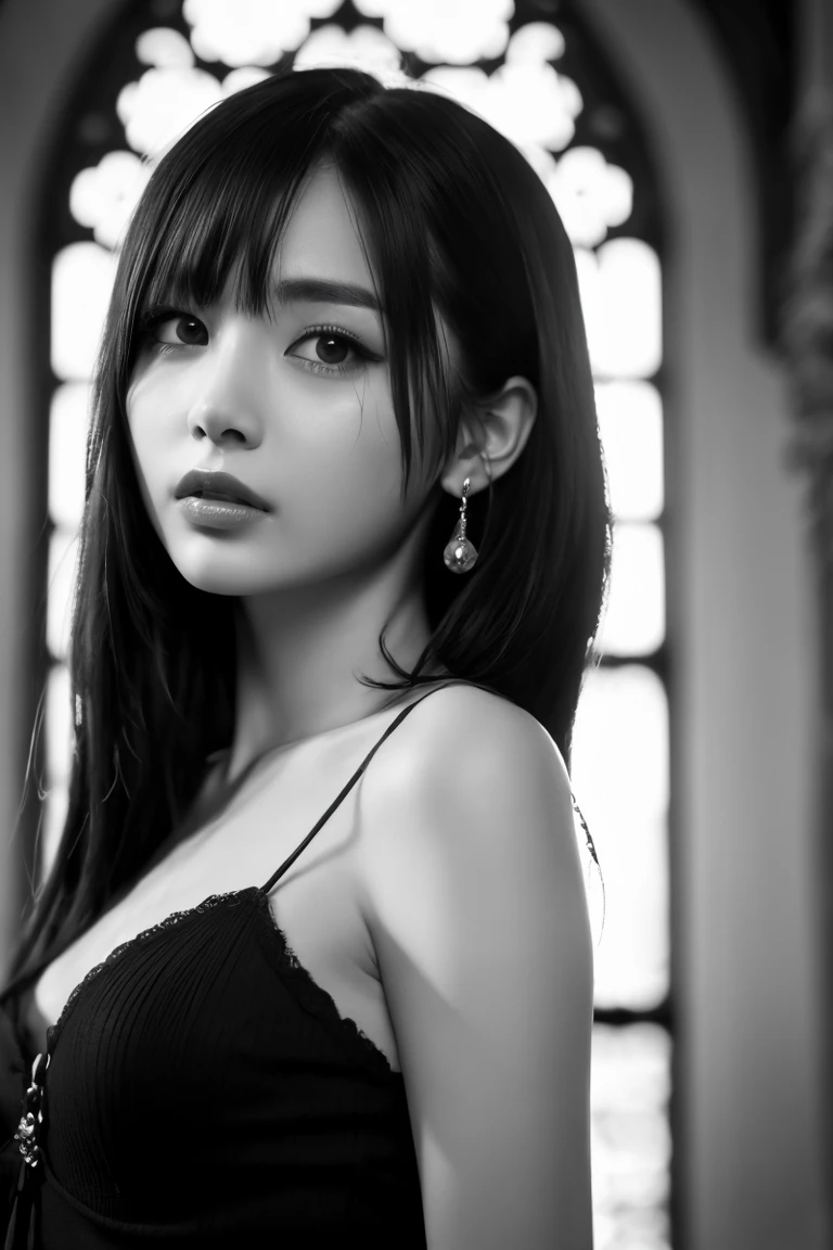 1girl, black_hair, breasts, cleavage, curtains, earrings, front-tie_top, jewelry, large_breasts, lips, looking_at_viewer, shirt, solo, tied_shirt, upper_body, white_shirt