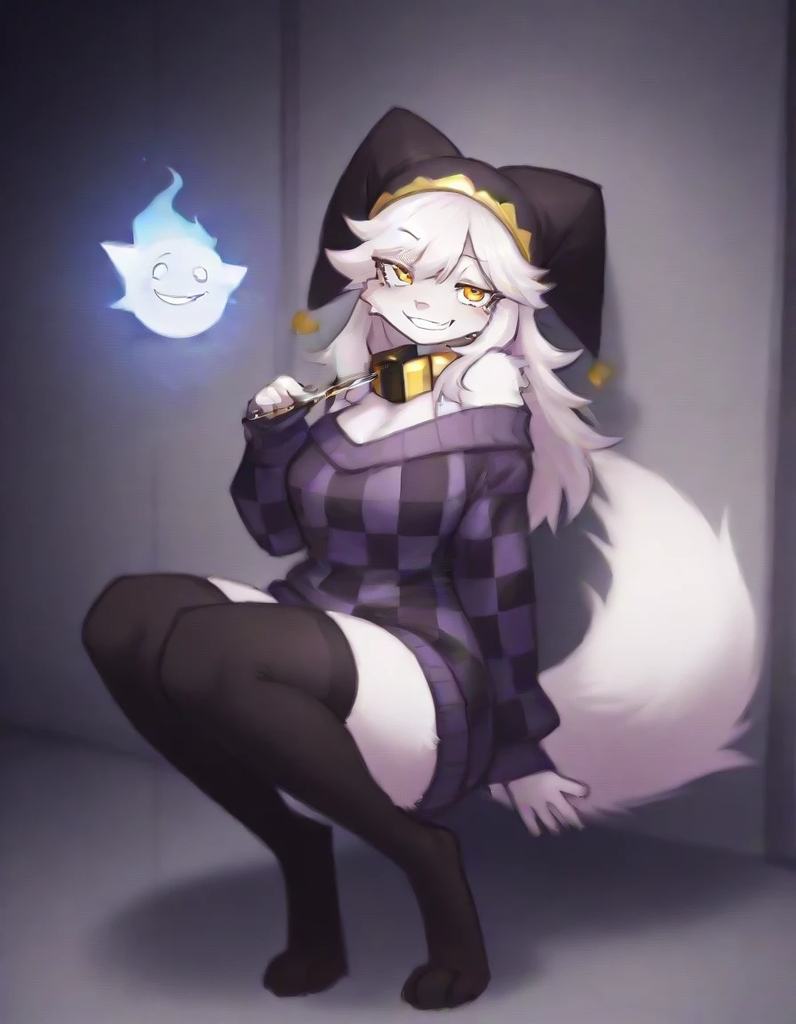 Furry, Furry dragon (anthro), cute fur, eyes black, god of eyes, gray witch hat with black bow, fur all over belly and thigh, artwork, detailded, Perfect artwork, (VOLUMOUS WHITE fur ON THE NECK), White dragon's tail, Kemono, wearing glasses without rounded lenses, cute thighs, shiny thigh, gray striped silk socks, and black, black and gray striped silk gloves, detailed crotch, no clothing, dragon horns, suggestive posing, legs together, sample crotch