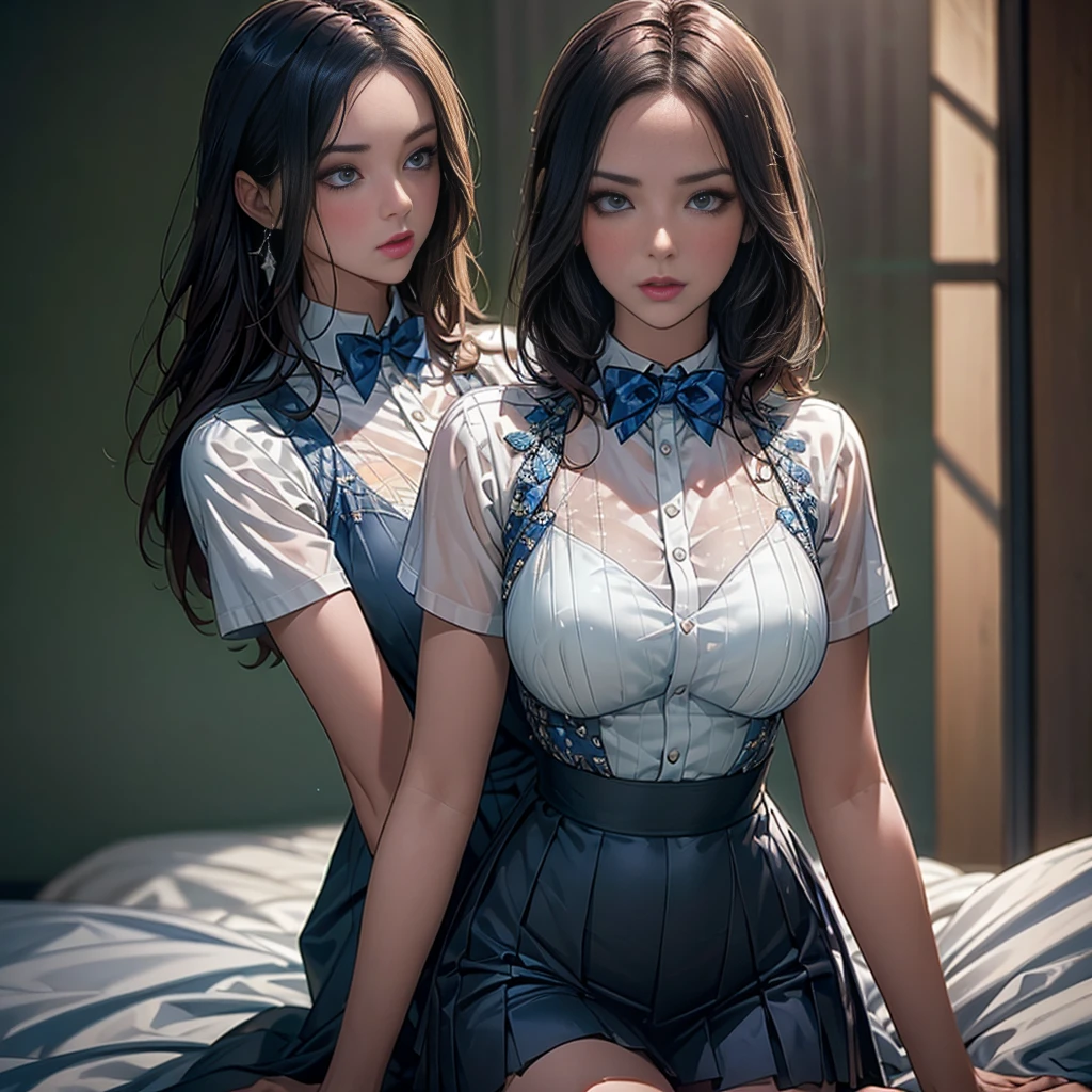 An absurd solution, High resolution, (masterpiece: 1.4), Very detailed, (((Detailed face, Detailed Expression)), Two Girls, Girl and Girl, friend, best friend, Classmate, relax, ponytail, Bob, sitting on bed, Sitting on the floor, Two people having a conversation, Room Background, friend, Relatives and friends, Home, 1k, Small room, curtain, bed, tv set, machine, Loungewear, Kyoto Animation, Kyoto Animationの雰囲気, (Tears in my eyes)、White summer dress decorated with lace、Brown Hair