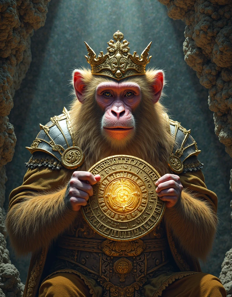 Imagine a serene monkey with rich brown fur, reflecting a warm, earthy tone. This male monkey has a calm and peaceful expression, embodying a sense of tranquility and wisdom. Its eyes are gentle and thoughtful. Atop its head sits a gold crown reminiscent of the one worn by the mythical Wukong, adding an aura of regal grace. The crown is intricately designed with elegant patterns and perhaps adorned with small, precious gems that catch the light. The monkey's posture is relaxed, exuding a sense of inner calm and enlightened composure. The overall scene is one of harmony, blending the majestic with the serene, high res, ultrasharp, 8K, masterpiece, looking at viewer