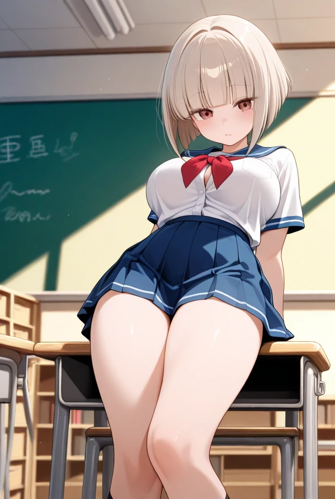 At the classroom window in the evening, a girl in a uniform, a pleated skirt, a scared girl, a teacher touching her underwear, fear, blushing, grabbing her skirt, touching her body, a female student trying to run away, feeling nervous, pulling her panties,