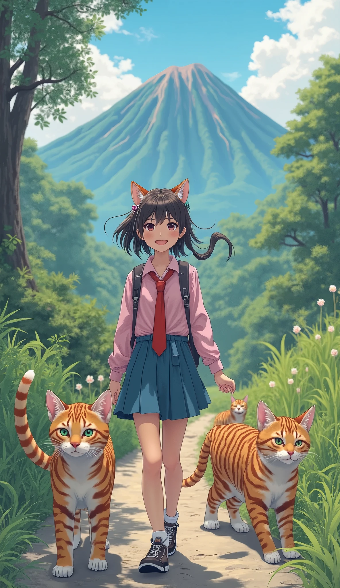 (Masterpiece, best quality ,  Details), Alone,  Hiking Trails , Journey with striped cats, Aside, cat o nature, a girl and a cat , sakurajima mai,  red tie,  pink shirt,  BLUE SKIRT, 顔の Details,  hair clips, cat fur decoration ,  A girl with a cat smiles and looks at the camera。