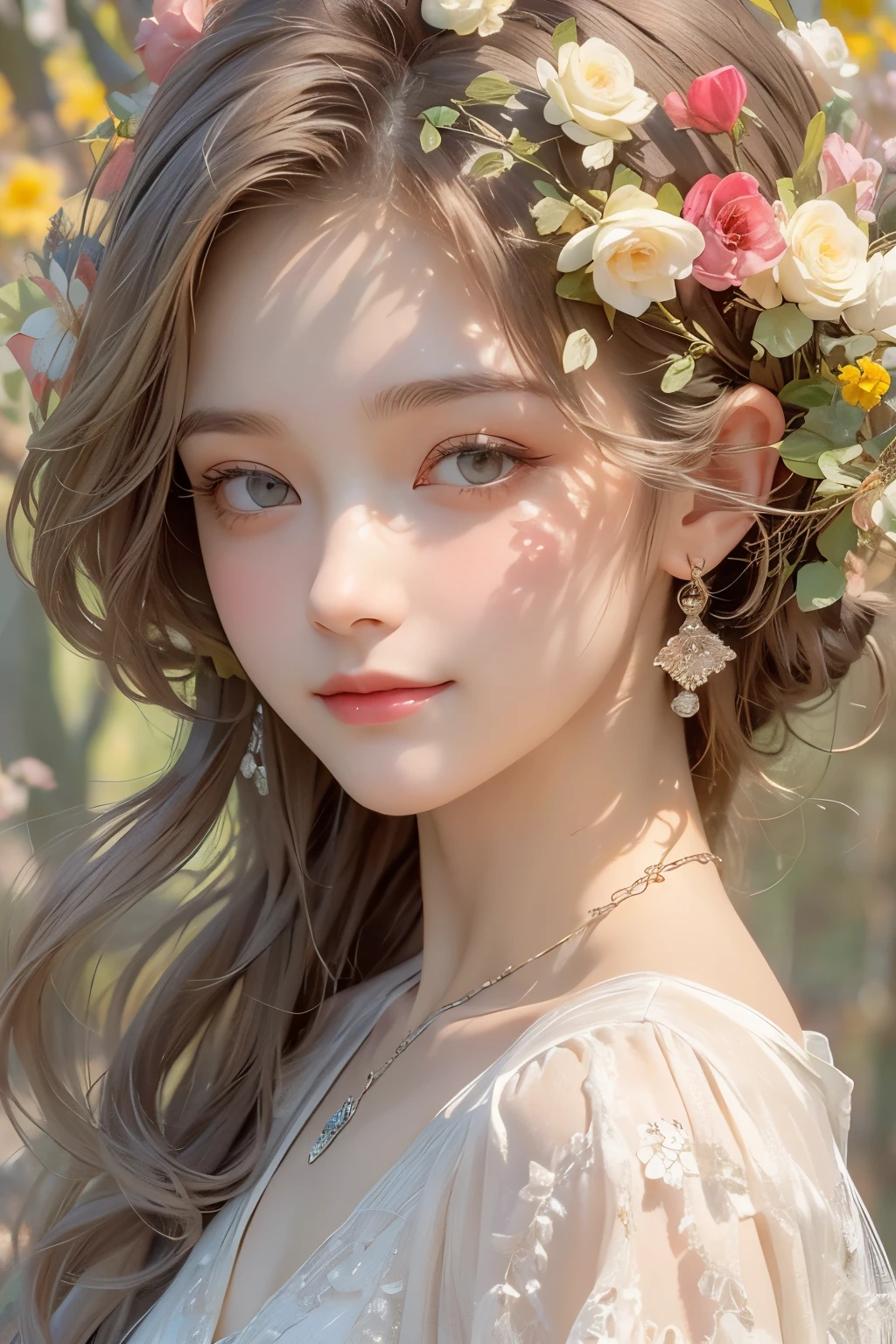 (Oil painting of a woman who looks like a flower goddess), rough touch, impressive portrait, (calm, gentle, bright, girlish smile), (almost straight medium-long silver-gray blonde hair), (close-up), glossy lips, (simple, urban shirt in spring colors), (smart figure), small necklace, soft spring sunlight, small spring flowers of various colors, fine and precise details, vivid primary colors used partially as accents, muted colors, use of contour lines, clean line drawing, (stylish decorative frame in Art Nouveau style), (Alphonse Mucha-esque composition), Masterpiece! , Wonderful! , Beautiful! , Wonderful! , Perfect!