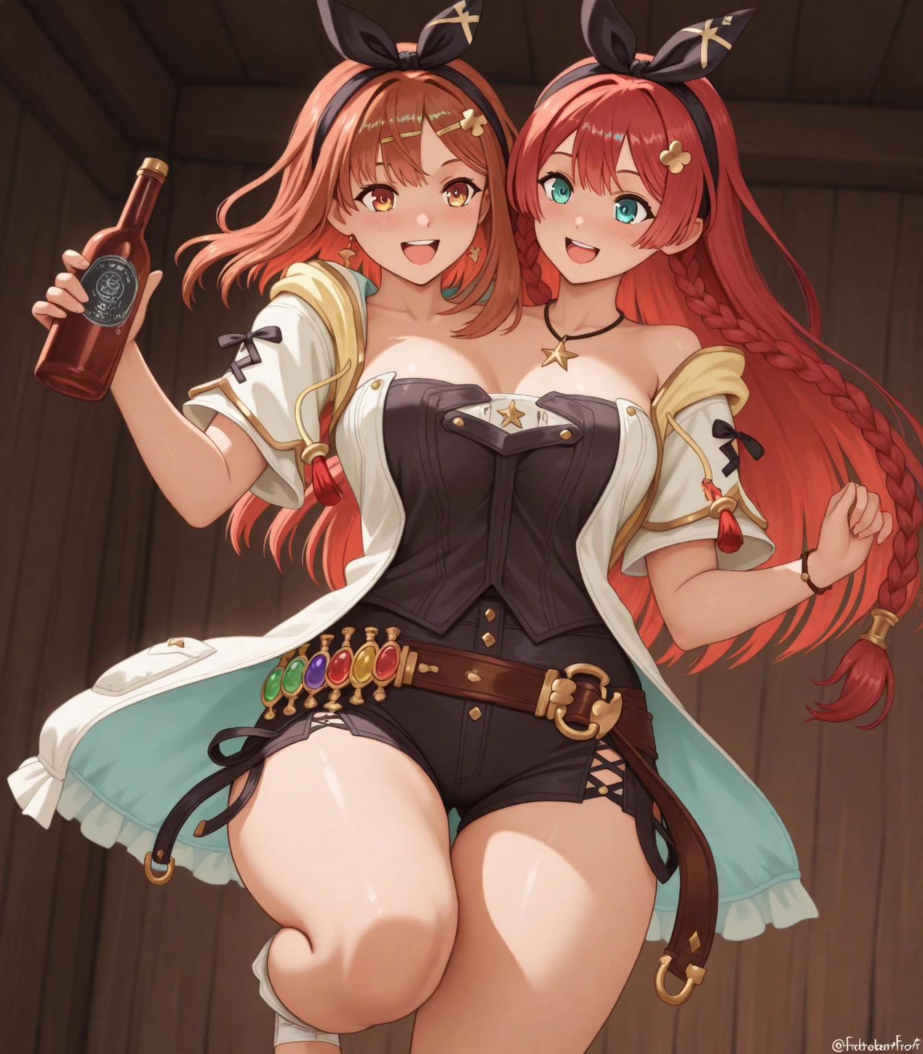 (masterpiece, best quality), best resolution, (2heads:1.5), 1girl, pirate, brown hair, green eyes, casual, striped bandana on head, pirate clothes, waving to the viewer, holding a mug of ale, shipyard, ship docked in background