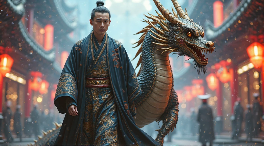 Unique gamer logo  for youtube where monk holding joystick with very realistic cinematic way where blue and red dragon sitting beside him and photo should be protait form
