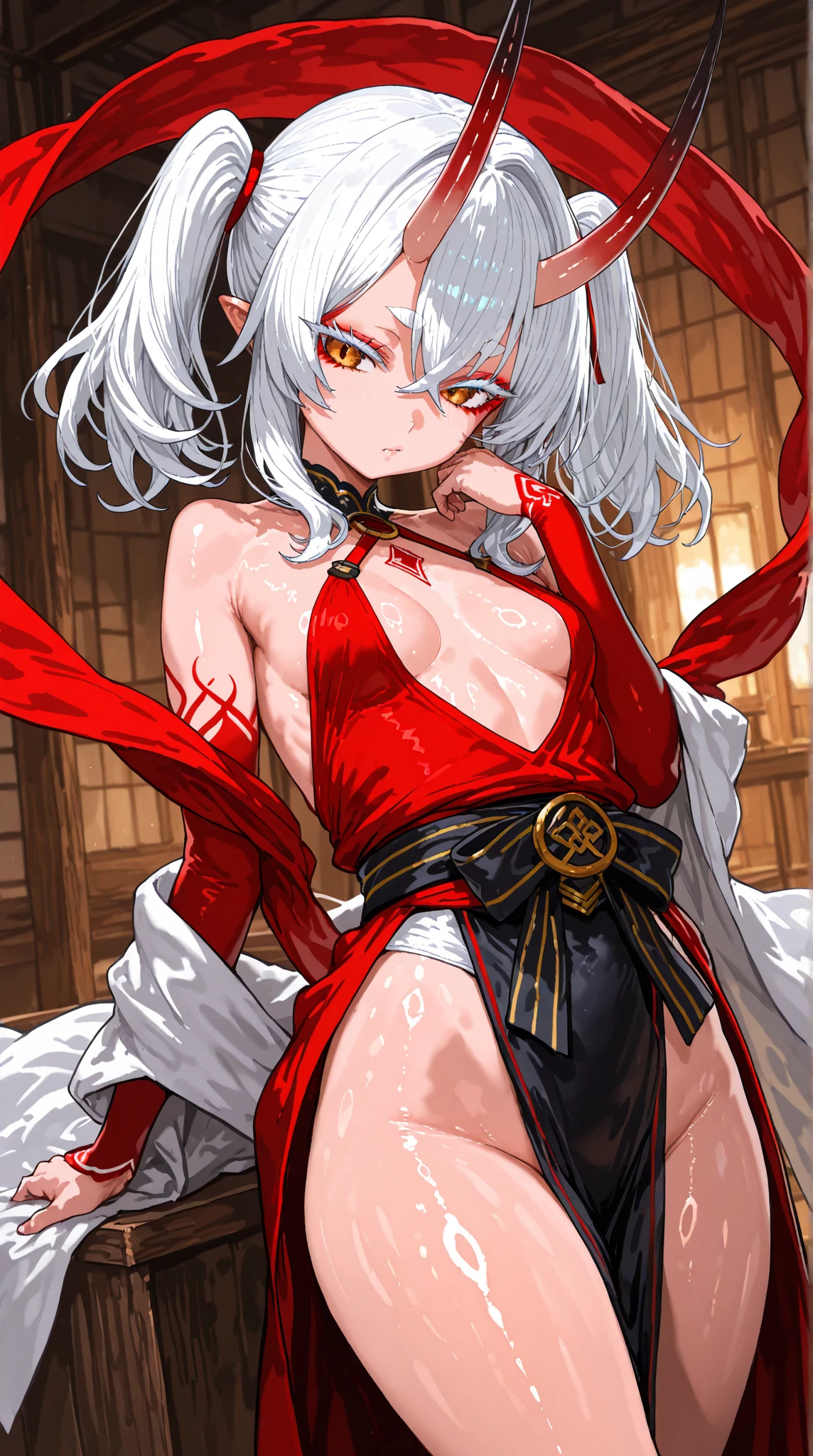 Bewitching woman, silber hair, The long-haired, small tits, toppless, loose scarlet cardigan