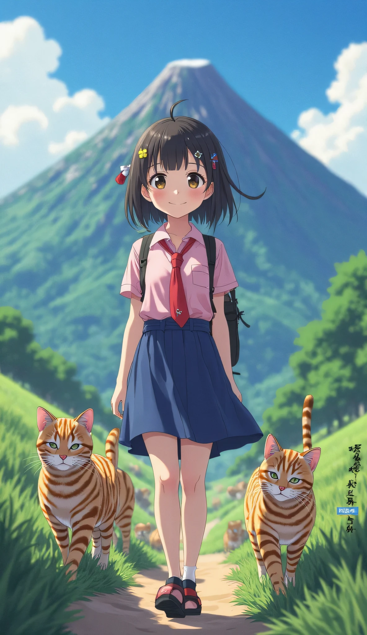 (Masterpiece, best quality , Details), Alone, Hiking Trails , Journey with striped cats, Aside, cat o nature, a girl and a cat , sakurajima mai, red tie, pink shirt, BLUE SKIRT, 顔の Details, hair clips, cat fur decoration , A girl with a cat smiles and looks at the camera。
