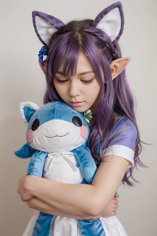 In a bowl with a picture of a blue dragon, there are funny anime girls, tiny, smiling, long black hair, there's a clip in her hair, wearing a light blue and black dress, sitting in a bowl full of blueberries, strawberry, cherry and grape,