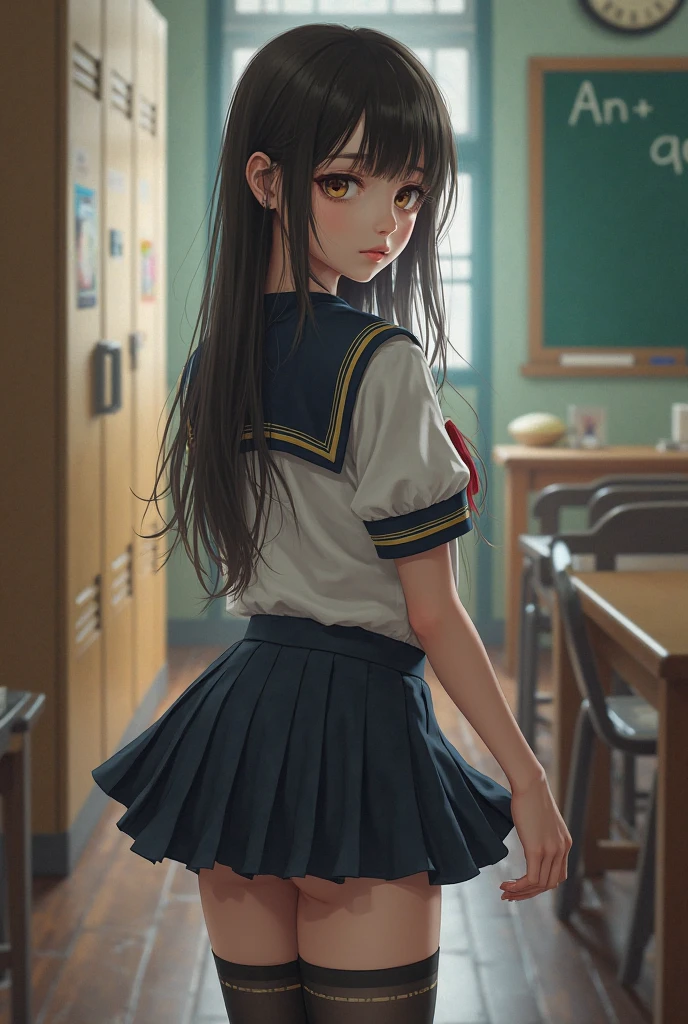 (最high quality, 8K, masterpiece: 1.3, Ultra HD, high quality, 最high quality, High resolution, realism)) 、slender、slenderだがアスリートのような細マッチョ、I don't want my head to disappear from the screen.、inner color((colored inner hair))、Smile((smile))、black hair((black hair))、black eye、Wear a summer sailor uniform、Wear a navy blue pleated skirt、wear white socks、stand on the embankment、Vertical roll on one side((side drill))、An empty classroom after school、A view from the back of the classroom of a woman sitting at a desk in front of a blackboard、The woman turns towards、desks are lined up