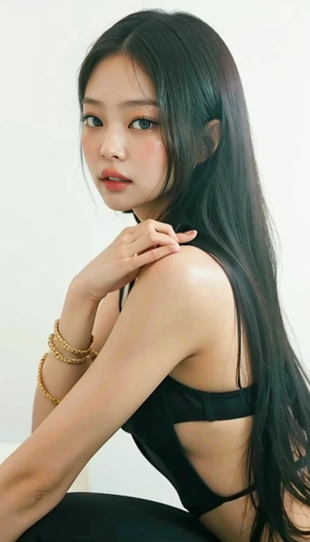 close-up of beautiful Korean female, An Yujin is a IVE korean pop girl group, long hair, black hair, straight hair, thick flat bangs cut, 34 inches breasts size, wearing tight camouflage strapless tube top, wearing tight camouflage very short pants, holding the hair scissor by yourself, cutting your own hair, leftover hair pieces on the floor, at the women-only military dormitory room, UHD