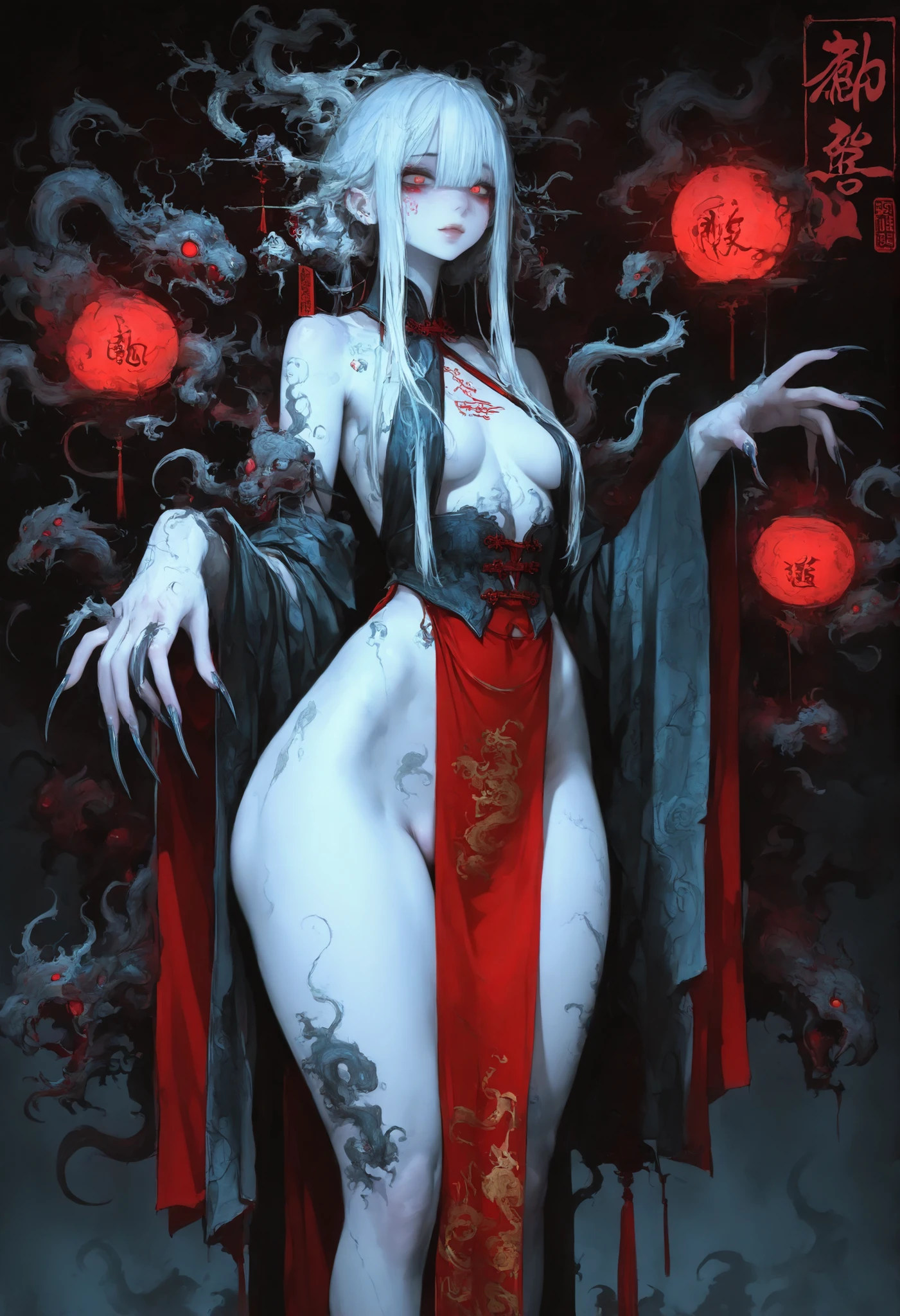 superflat, flat colors, 1girl, 19yo, slim, (medium breast), long dark hair, (ornate red leaves kimono), topless, nipple, standing, shy, winrer leaves, white, silver, winter forest, vibrant colors, psychedelic, vibrant, bright, watercolor