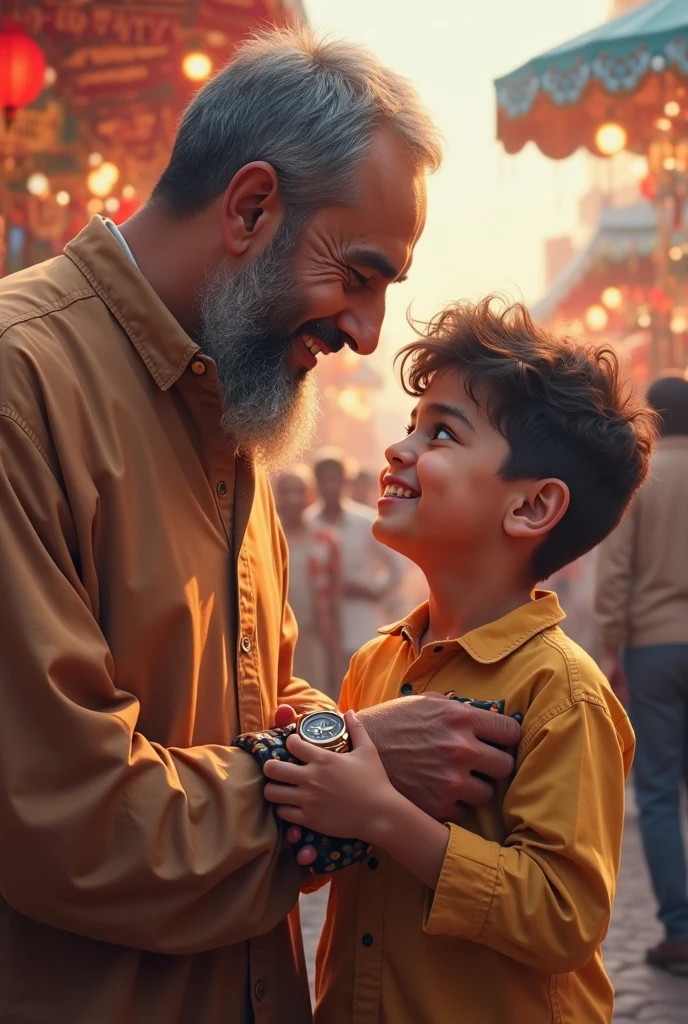 Arsh's named child looking at his father and the father is holding flag of UAE
