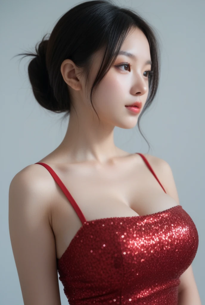 1952, ((1 Korean female)), Large Breasts, Stunningly beautiful, Exquisite facial features, Porcelain skin, Expressive eyes, Black Hair, Red lips, Sexy, Attractive pin-up girl in a red dress with large polka dots, Beautiful hairstyle, Blow a Kiss, Slim waist, Large Breasts, Juicy lips, Professional photos, Reality, White background