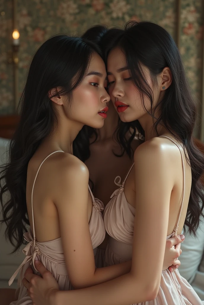 Classic European style rooms,On the luxurious big bed, two beautiful women hugged together on the bed,One wears a white bra with big wavy curly hair in blonde,The other wears a black bra with red curly hair,with fair skin,Full body like,The setting sun shines on the bed through the floor-to-ceiling windows