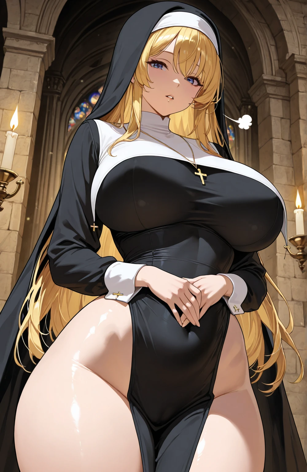 A woman with big ,Gorgeous woman,Mature,((ahegao)),Beautiful nun,Long blond hair,Exquisite,((transparent)),Cleavage,Slim waist,Showing belly,pubic,blush,cathedral