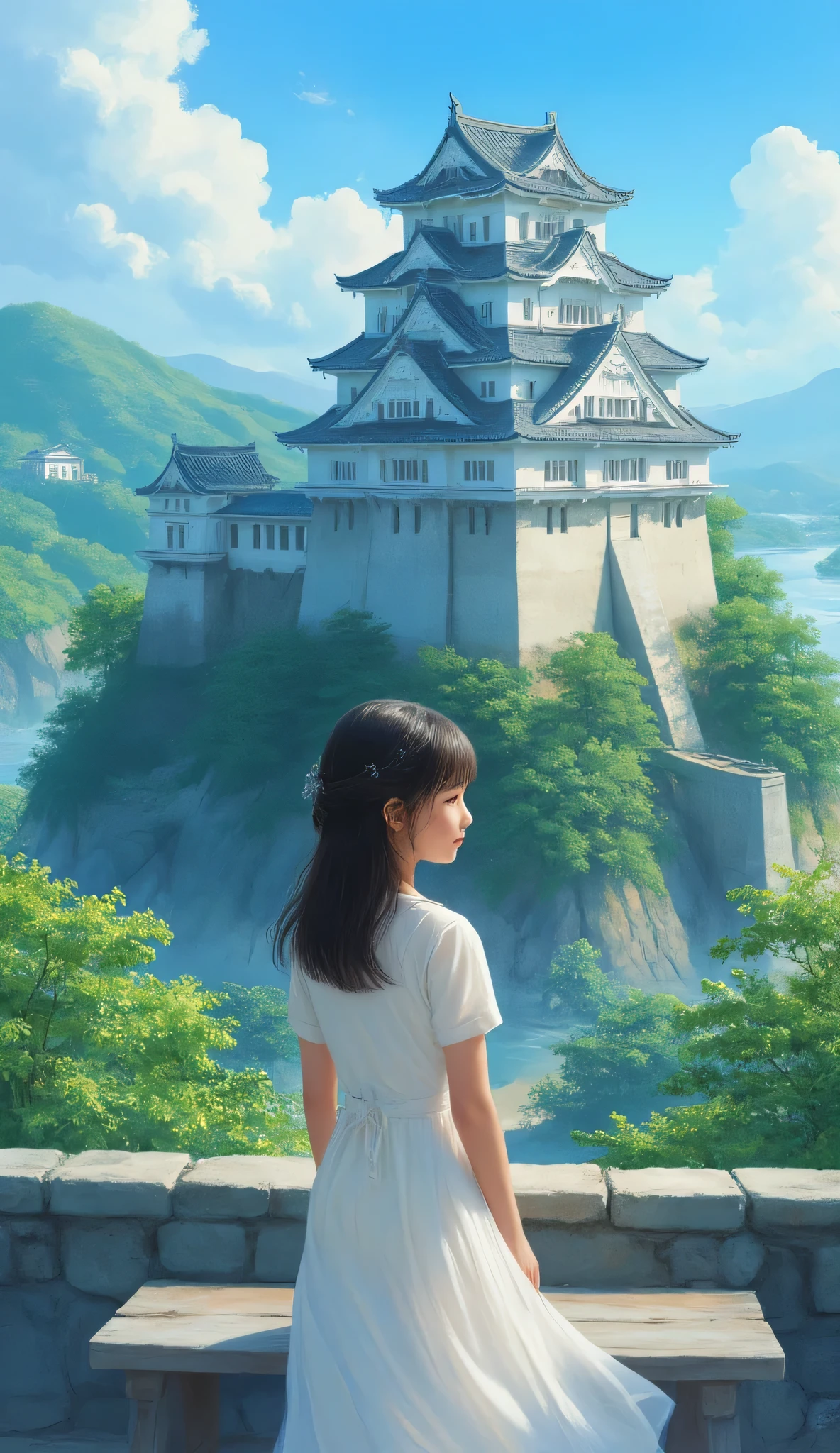 high resolution images of her daughter、(Japanese castle architecture seen from bullet train stations 、Photos of Himeji Castle in Harima、picturesque background、Digital image 、High-resolution white shining old castle、 Dreamy Castle 、非常に詳細なDigital image 、high resolution digital paint、Scenery from the building in front of the station。