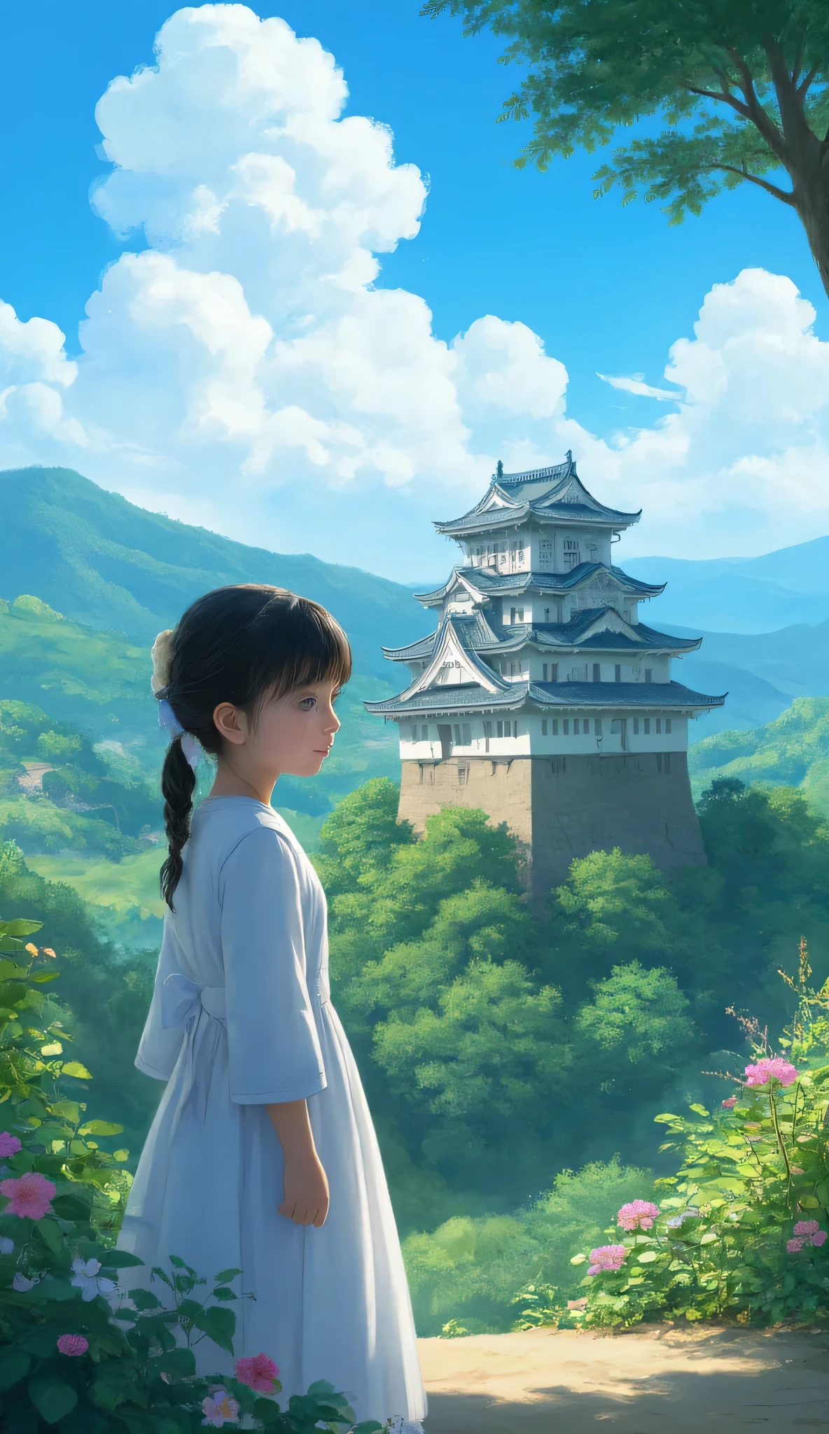 high resolution images of her daughter、(Japanese castle architecture seen from bullet train stations 、Photos of Himeji Castle in Harima、picturesque background、Digital image  、High-resolution white shining old castle、   Dreamy Castle   、非常に詳細なDigital image  、high resolution digital paint、Scenery from the building in front of the station。