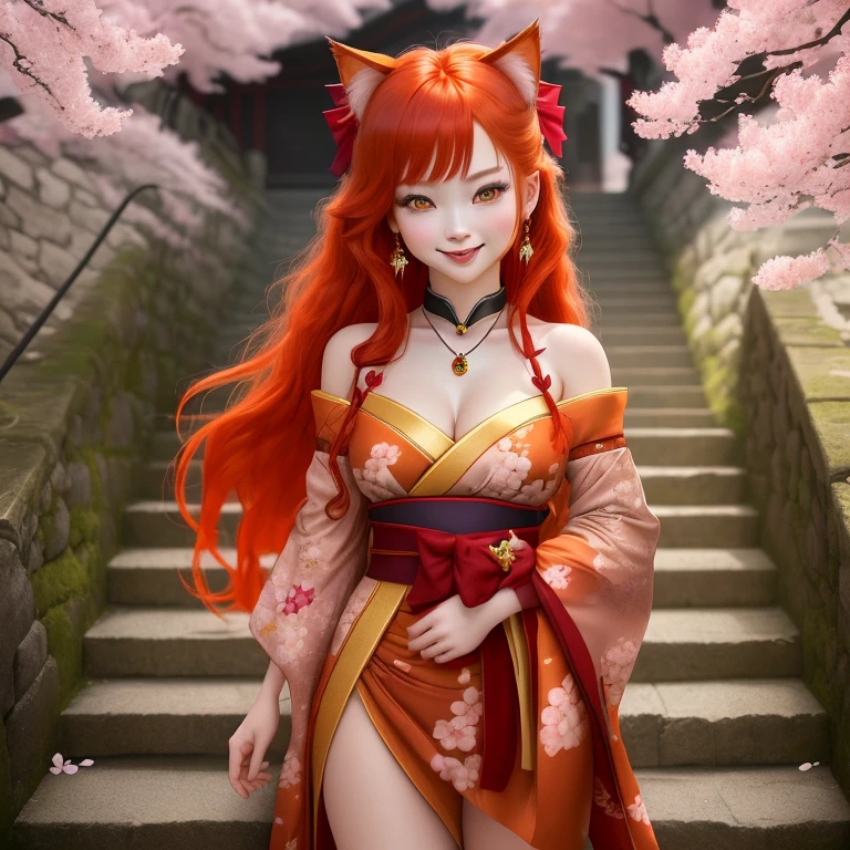 beautiful woman 21 years old with round bear ears ruby red eyes and bright orange blonde hair , rubor sonrisa alegre, big breasts exotic dancer costume orange and black low cut, pechos grandes, japanese garden background cherry tree.. orange and black exotic dancer costume low cut face close-up
