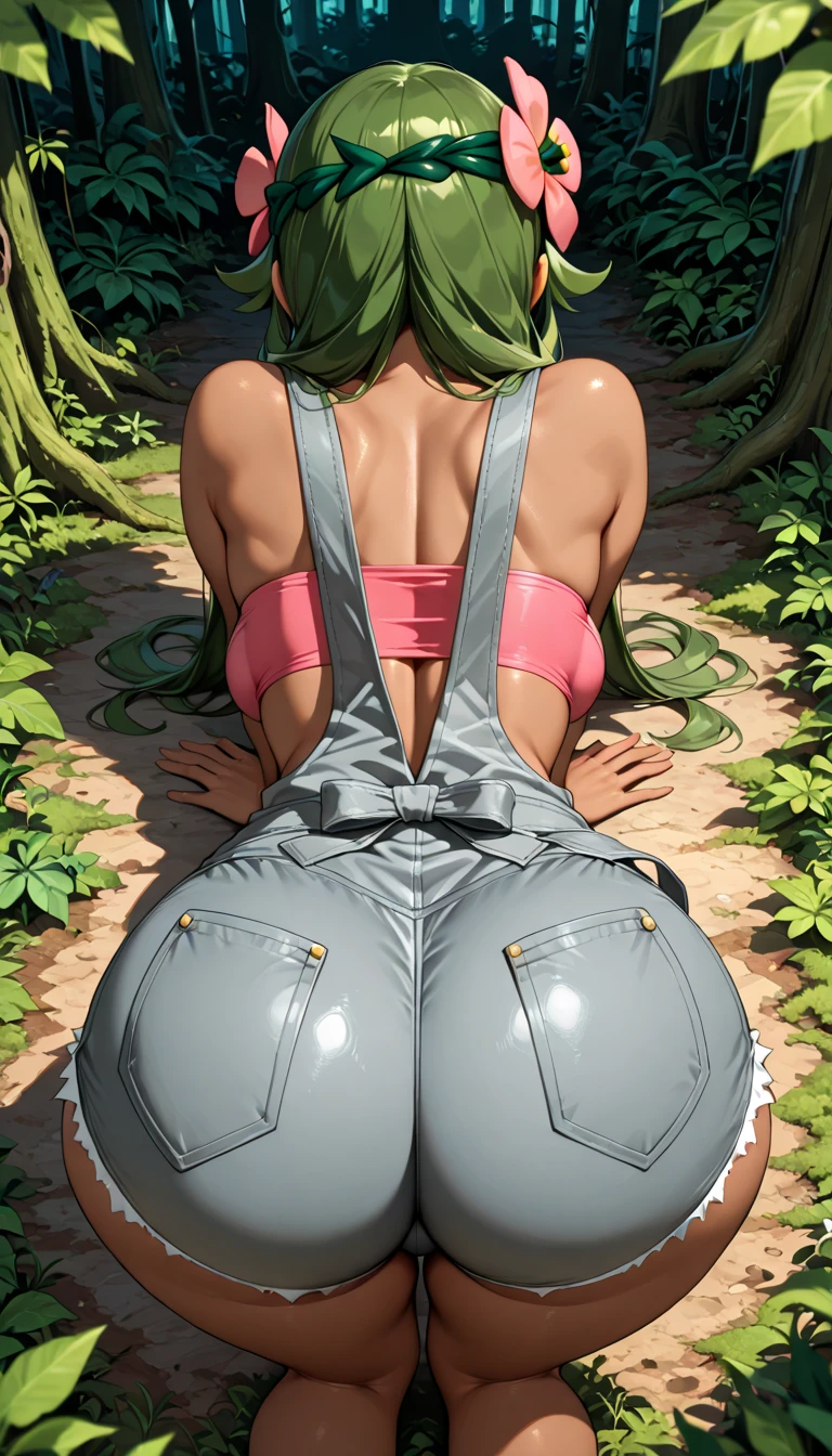 lily_entomach, 1girl, from behind, presenting hindquarters, viking_helmet, bikini, dark skinned female, green hair, helmet over eyes, cowboy shot, outdoors, grass, naked, lips, 18 year old girl, medium breasts, kissing, sisters, standing, looking back at viewer, presenting pussy, pussy, spreading butt, horny, slight smile, 1futa, futanari pov, penis, slight penetration, vaginal penetration