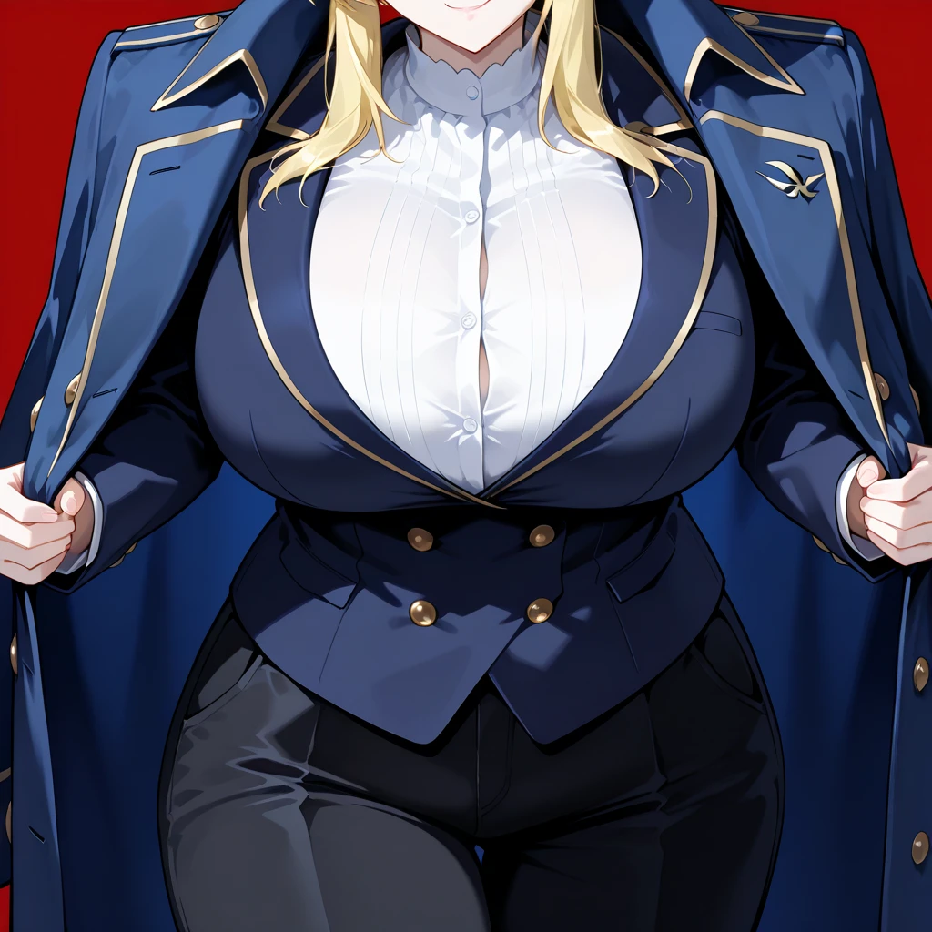 1girl,MILF,solo, masterpiece, best quality, (extremely detailed CG unity 8k wallpaper), (best quality), (best illustration), (huge breasts:1.3), (voluptuous figure, thin waist, wide hips), front view, one right hand on hip, short hair, pink hair, blue eyes, military uniform, peaked cap, white shirt, black gloves, belt, black pants, necktie, navel, straps, frown, black coat