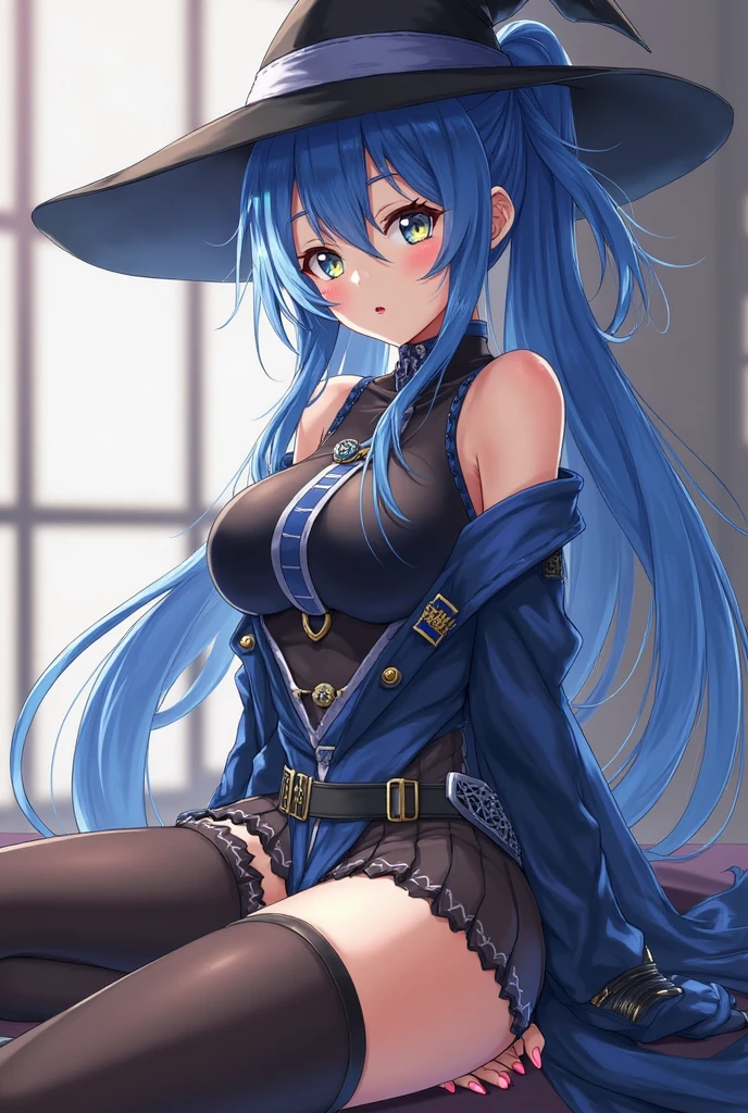  medium breast, Short blue hair. She has blue slanted eyes. Straight hair to the shoulder wearing a large witch hat. Wearing a blue laytex outfit with knee high heel, dark castle interior background, 